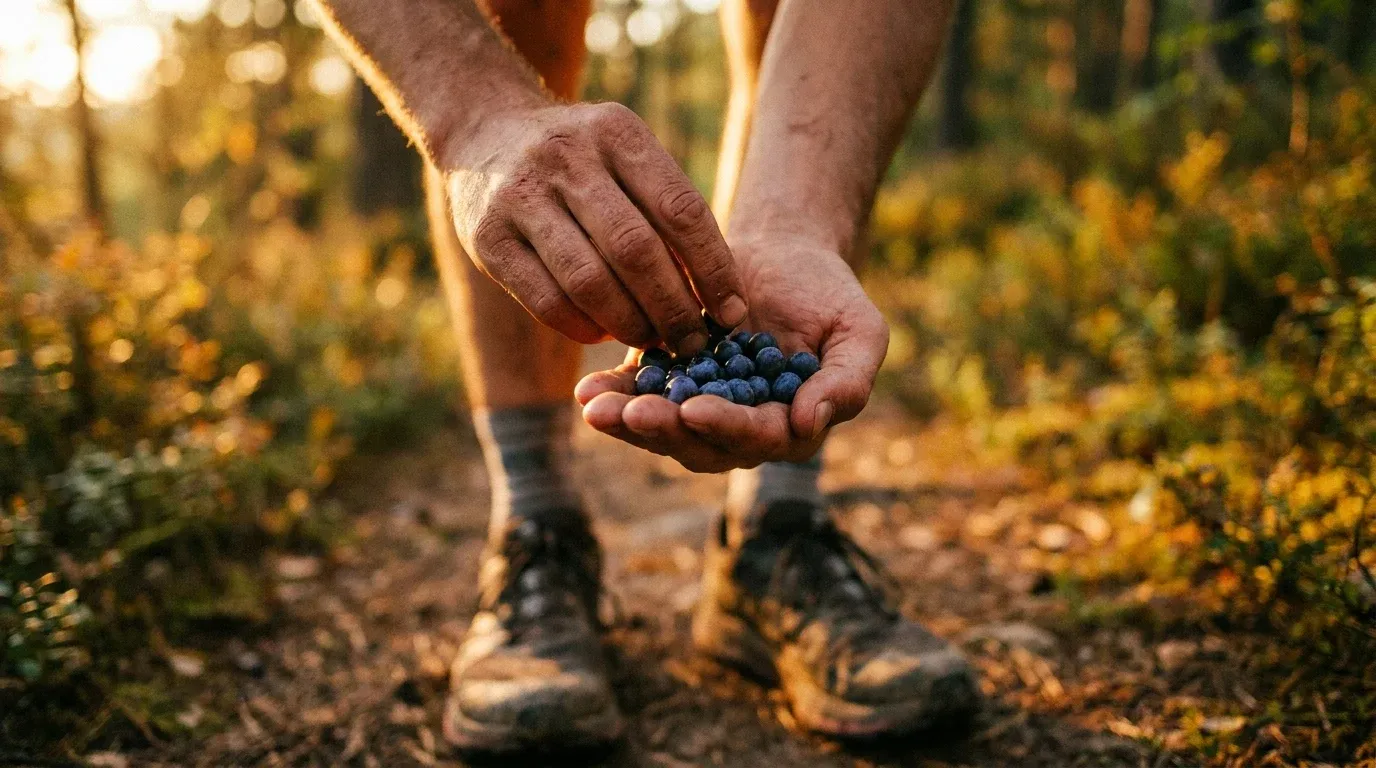 Trail runner's hands holding fresh blueberries during a rest stop, with dusty shoes and golden-hour forest light in background.
