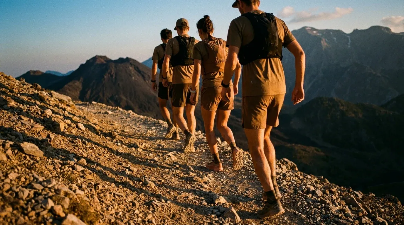 Four trail runners climbing steep rocky alpine terrain together, bathed in warm golden-hour mountain light.
