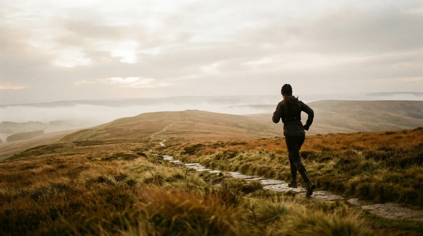 A lone female runner mid-stride on a moorland ridge, silhouetted against vast rolling hills under overcast northern light.