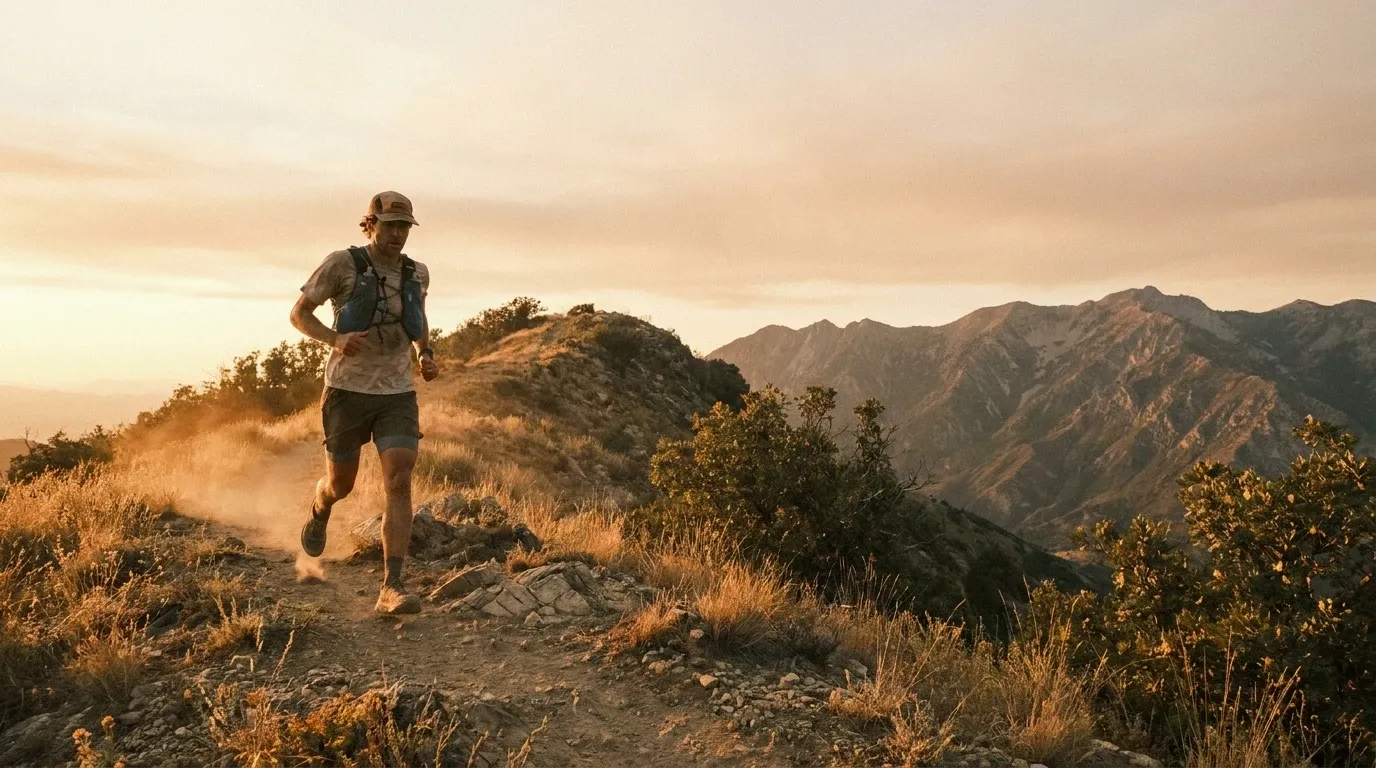 Ultramarathon runner mid-stride on a rugged Wasatch mountain trail at golden hour.
