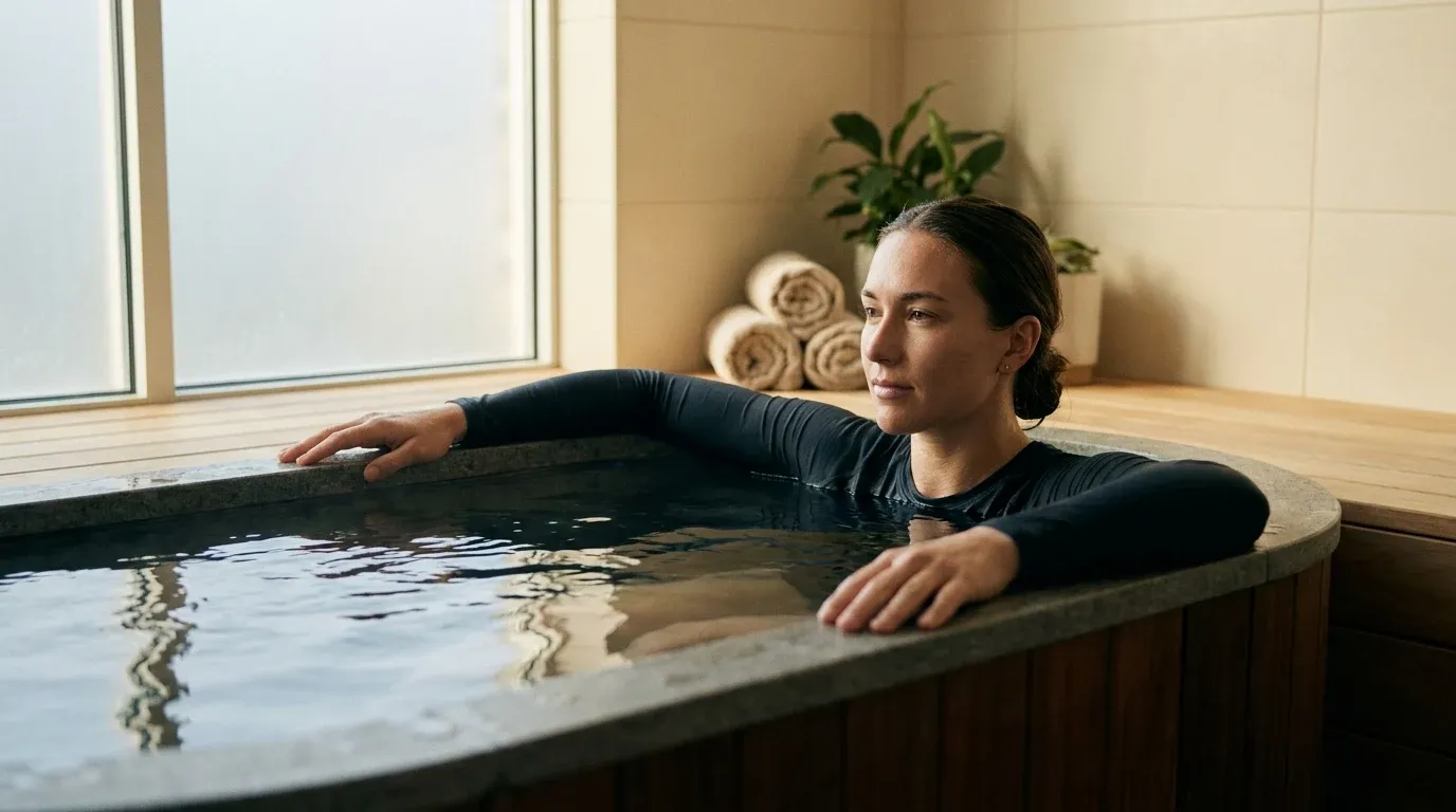 Athlete submerged in a cold plunge tub, calmly resting at the edge in a minimal wellness studio with soft natural light.