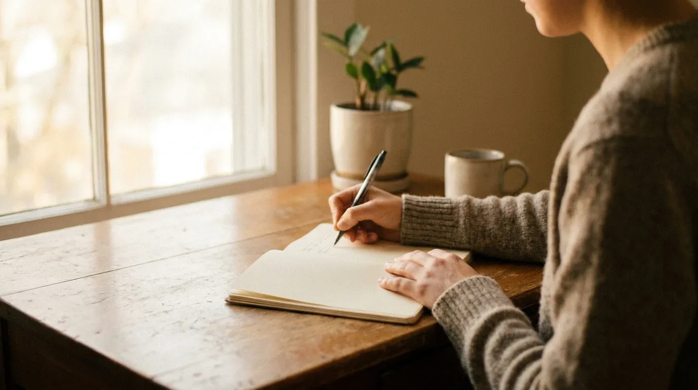 Person writing in a notebook at a wooden desk in soft morning light, creating a calm, focused atmosphere.