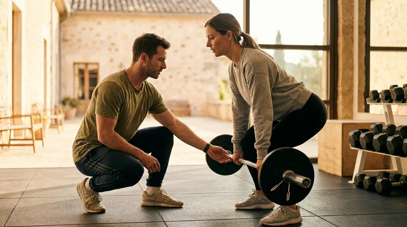 A personal trainer crouches beside a client, attentively spotting and monitoring proper barbell lift form.