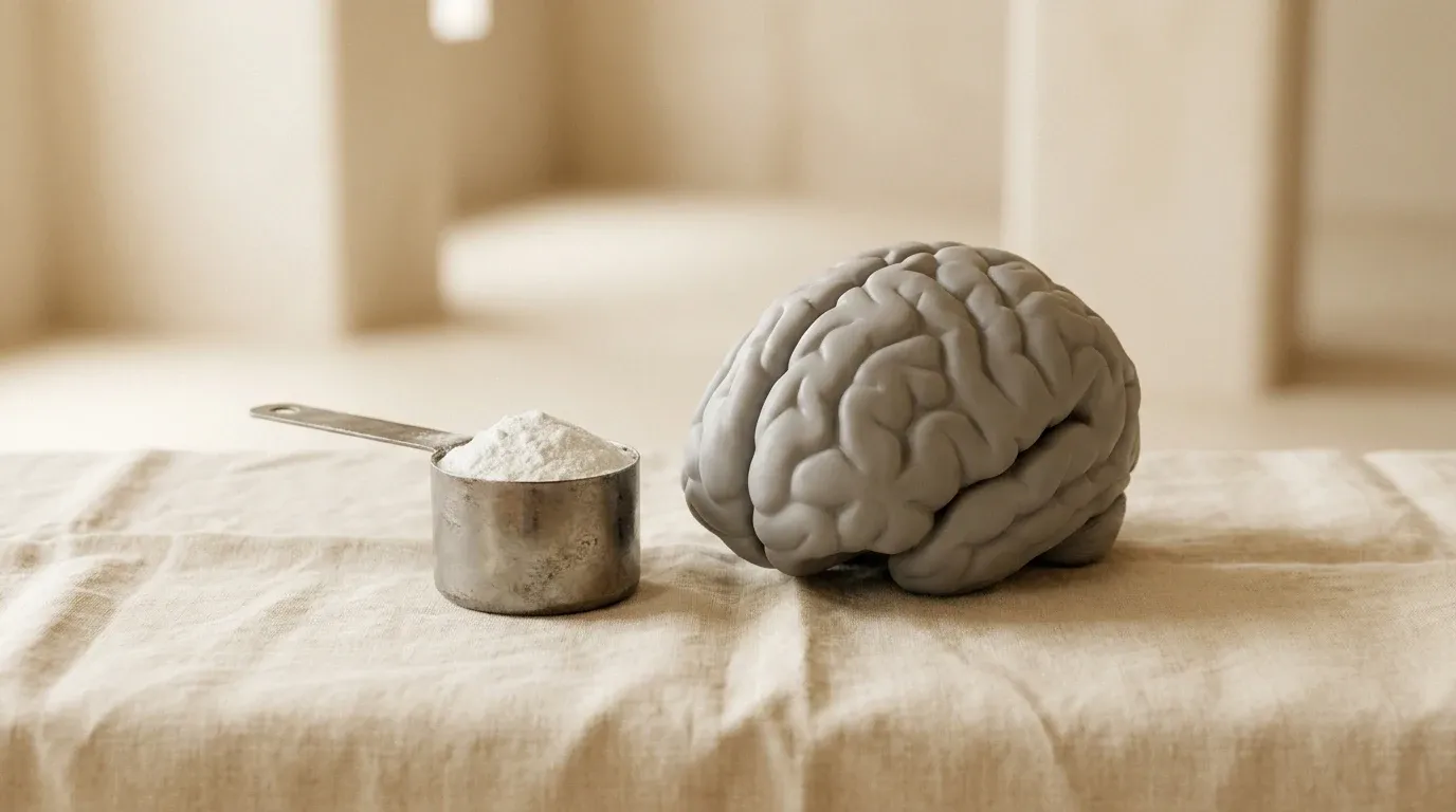 A metal scoop of white creatine powder beside a grey brain model on a warm cream linen surface.
