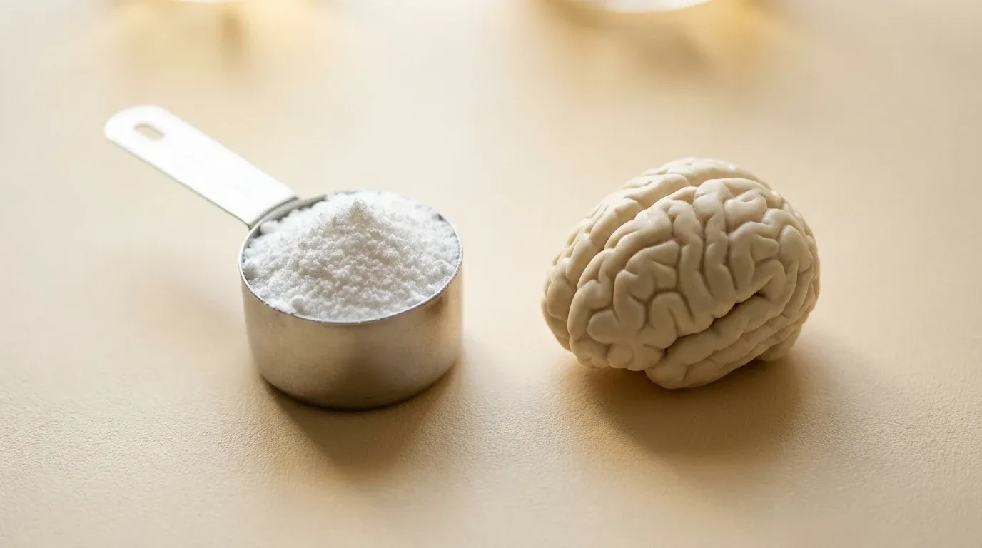 White creatine powder scoop and ivory brain model on warm cream surface in golden natural light.
