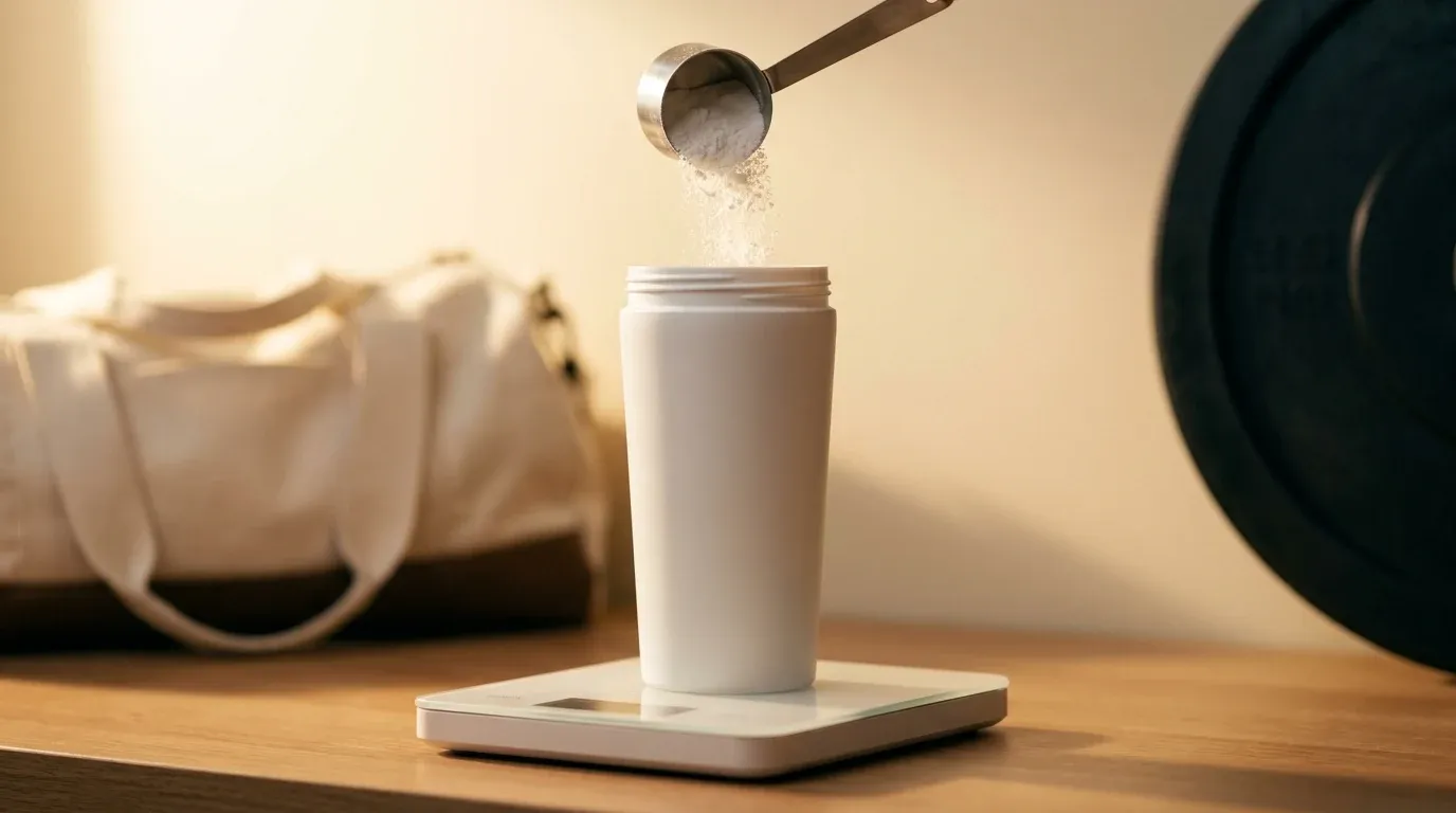 White creatine powder pouring into a shaker on a digital scale in a gym setting with warm lighting.