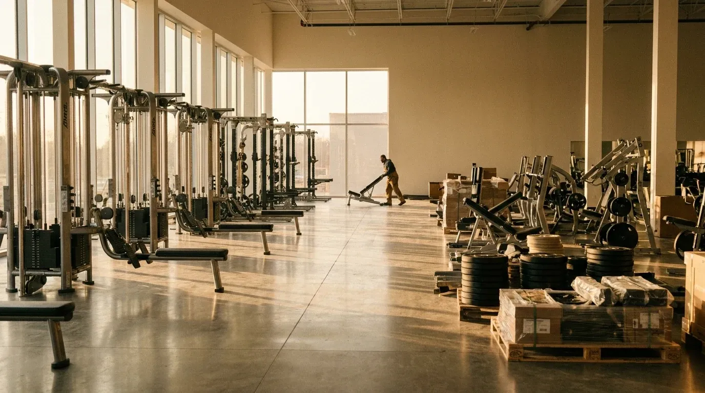 Half-finished gym floor with organized equipment on one side and staged gear being installed on the other in golden light.
