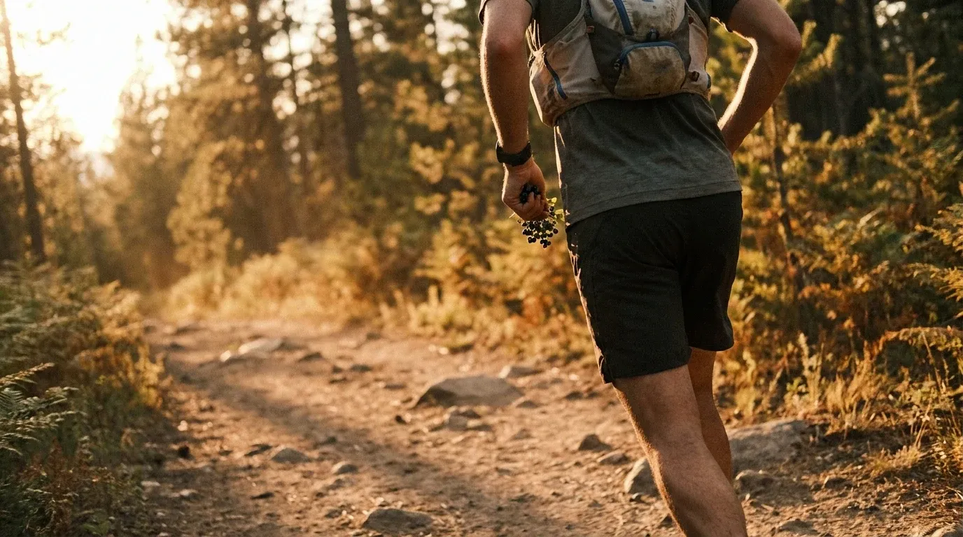 Trail runner mid-stride on rocky singletrack holding wild blueberries in golden hour light.