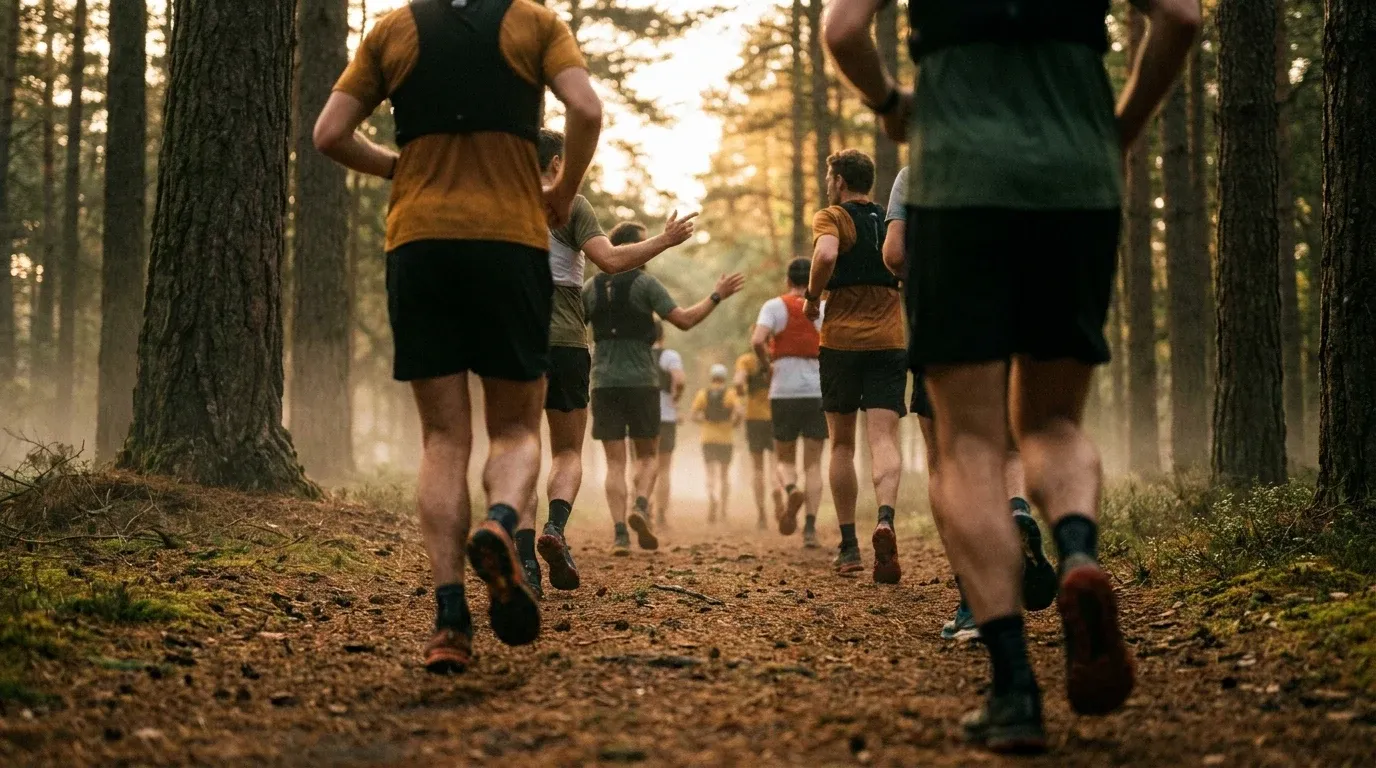 Trail runners moving together through a pine forest, silhouetted against warm morning light filtering through trees.