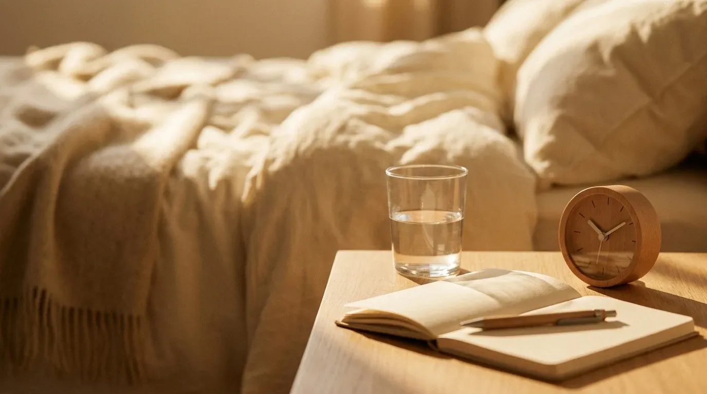 Bedside table with analog clock, open journal, and water glass bathed in warm golden morning light.