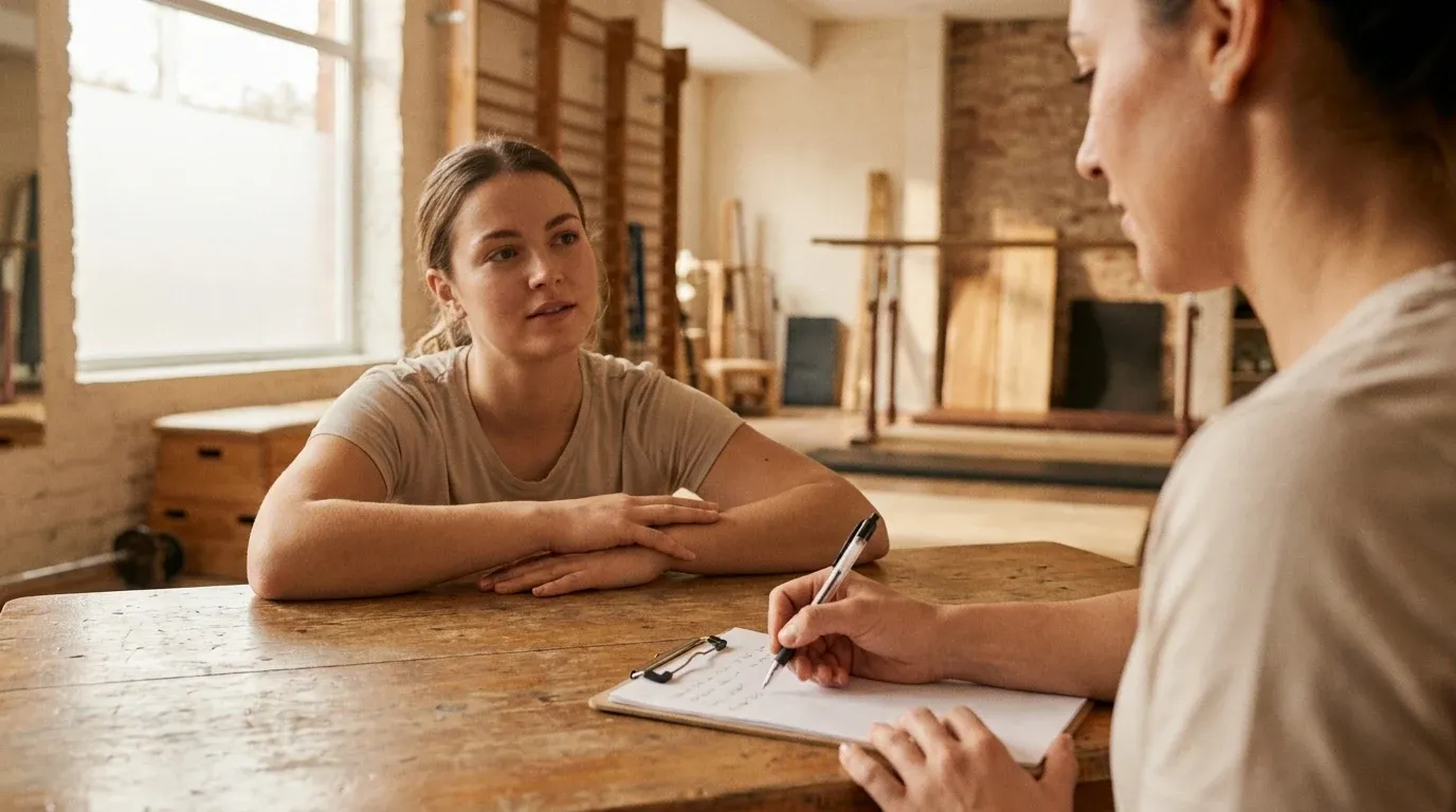 A coach writes notes on a clipboard during an initial assessment with a new client at a gym table.