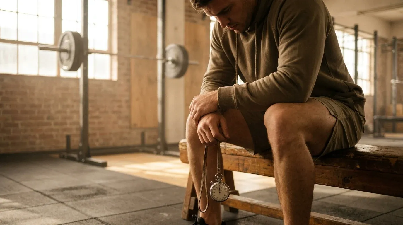 Male athlete resting on a gym bench between sets, holding an analog stopwatch during recovery time.