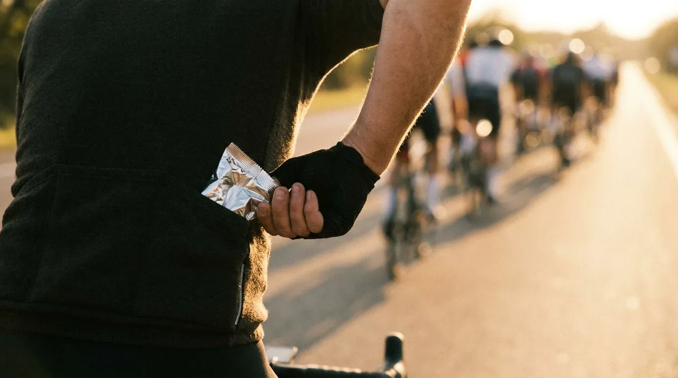 Cyclist reaching for an energy gel from back pocket mid-ride, with blurred peloton stretching into the distance.