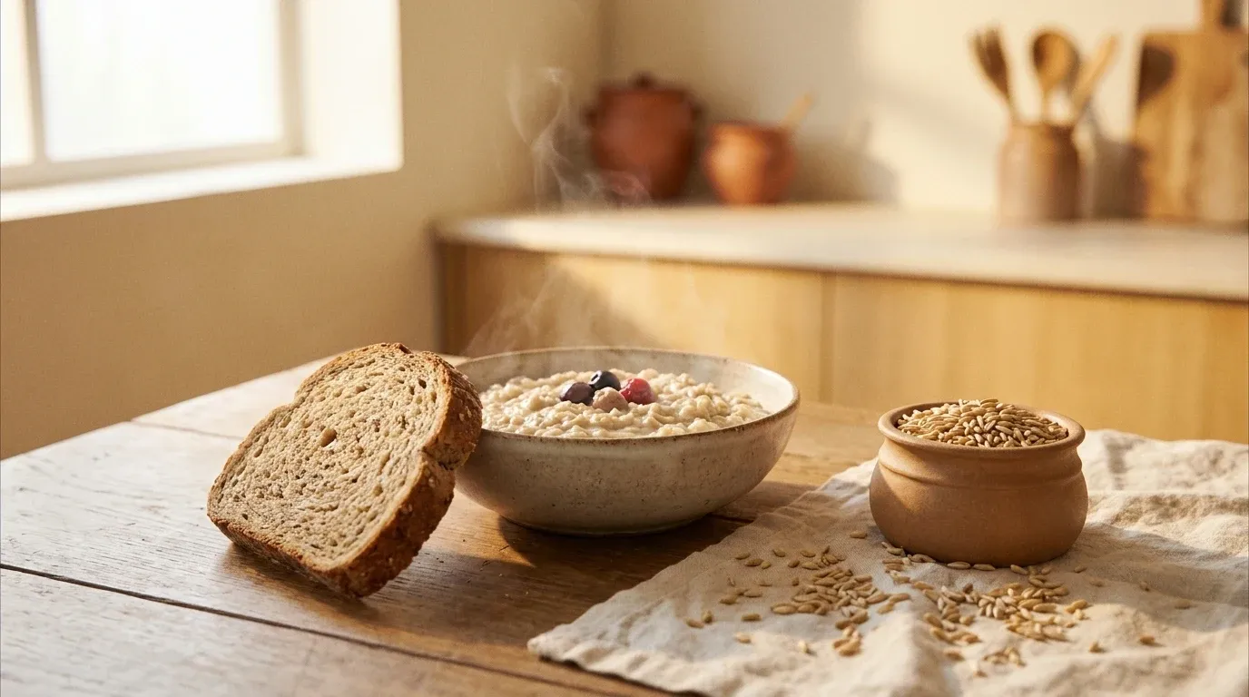 A warm breakfast scene with steaming oatmeal, whole grain bread, and scattered oats on linen in golden morning kitchen light.