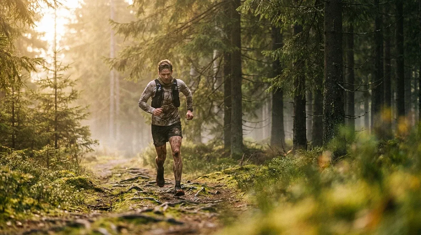 A trail runner mid-stride on a rocky forest path through Canadian boreal woods in golden morning light.