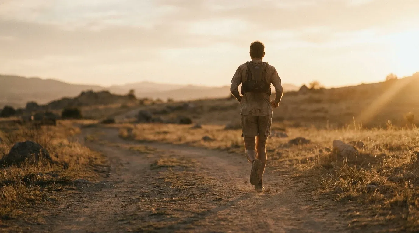A lone trail runner captured mid-stride from behind on a dirt path bathed in warm golden late-afternoon light.