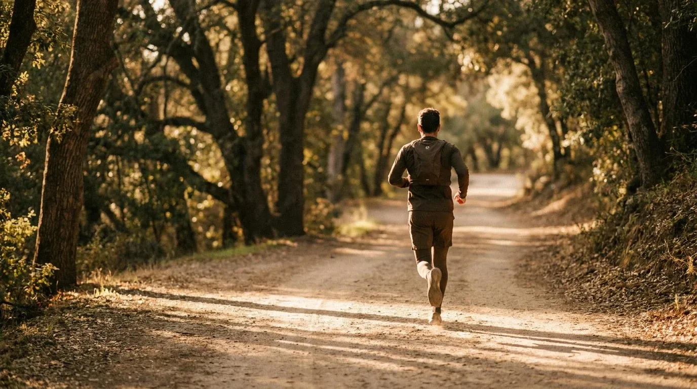 A trail runner shot from behind mid-stride on a winding forest path in golden late-afternoon light.