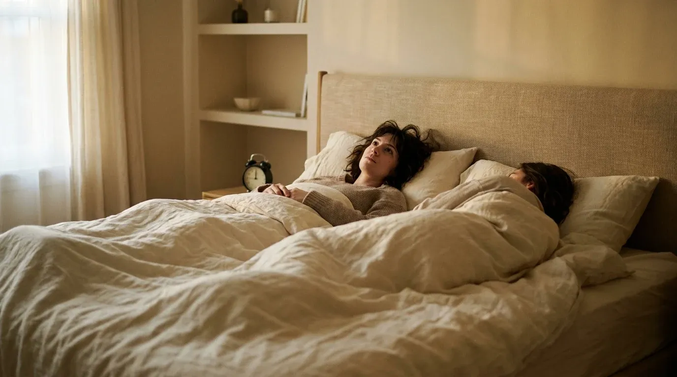 One person awake and another asleep in bed with rumpled sheets in soft early-morning bedroom light.