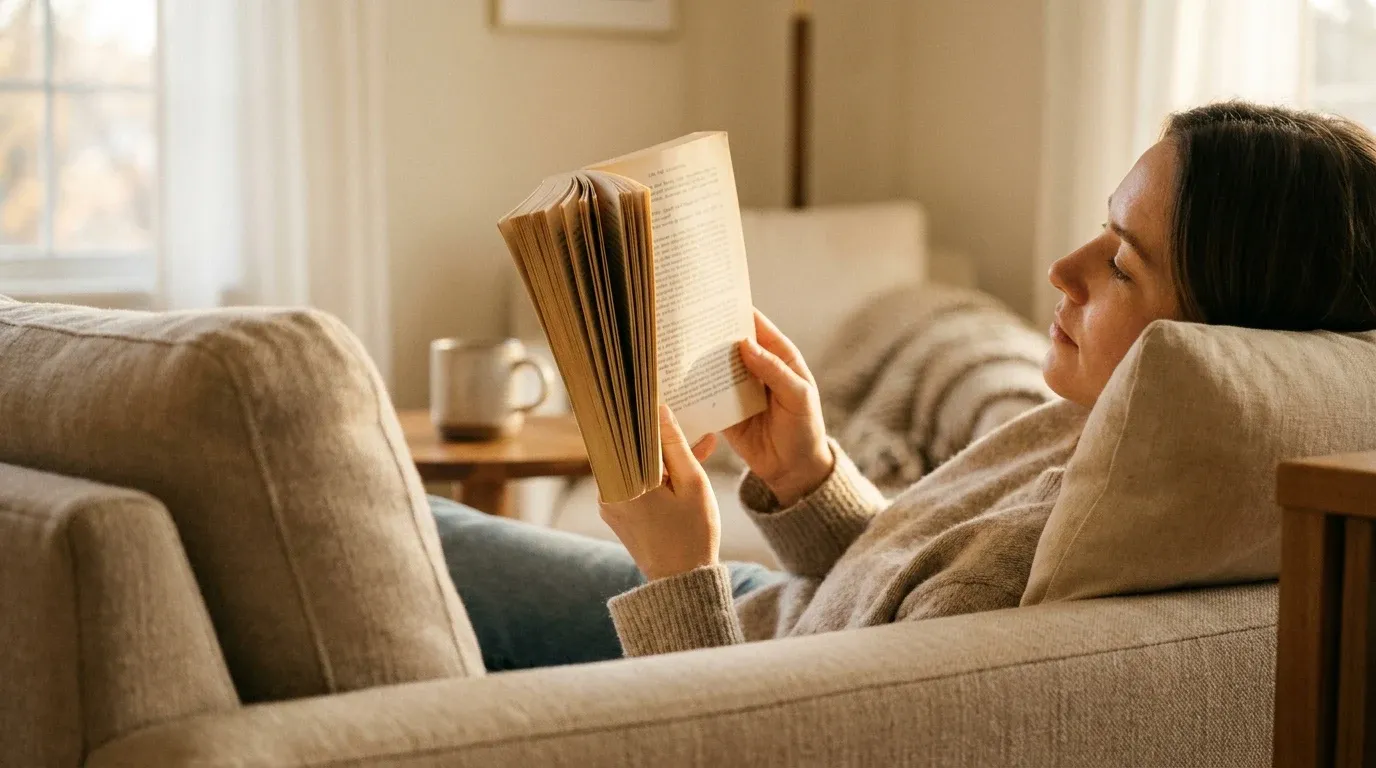 A relaxed person reclines in a cozy armchair reading an open book in warm golden afternoon light.