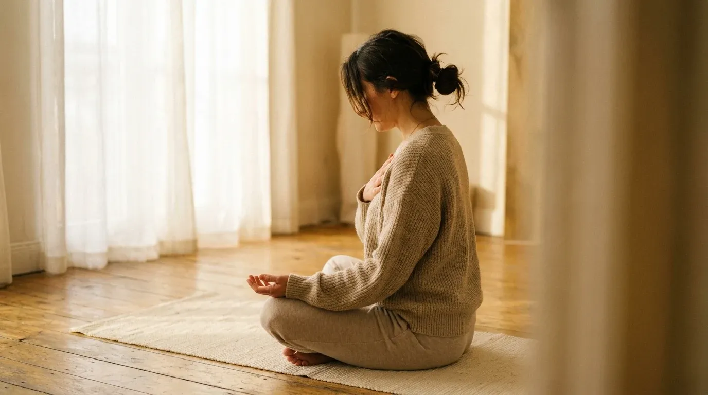 Woman sitting in cross-legged meditation with hand on heart in soft morning light.