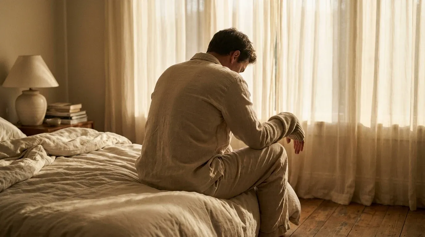 Person sitting on unmade bed in soft morning light, head bowed, posture conveying quiet exhaustion and fatigue.