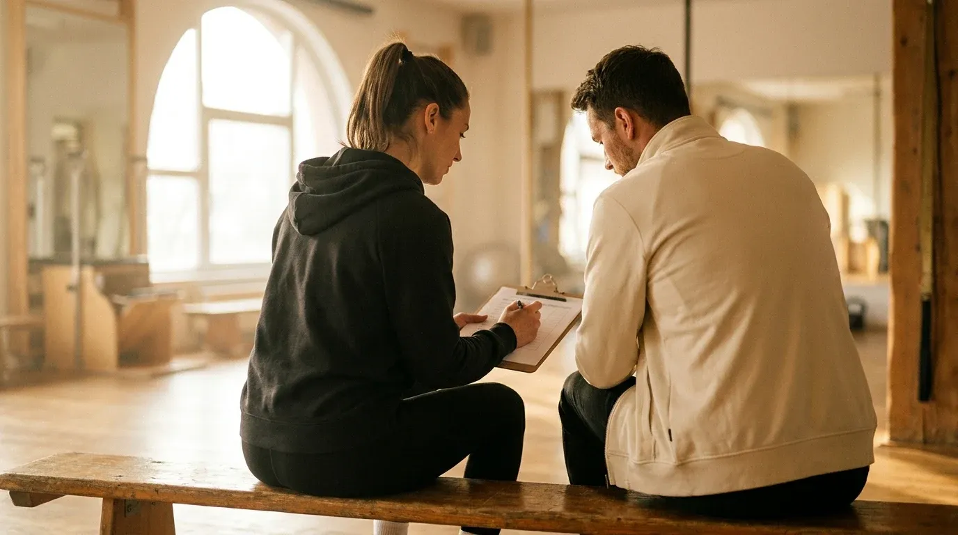 A personal trainer reviews a clipboard with a seated client at a gym bench in natural golden light.