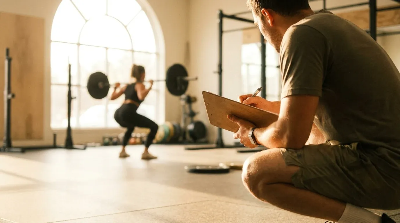 A coach writes on a clipboard beside a client doing a squat in a gym bathed in warm golden light.