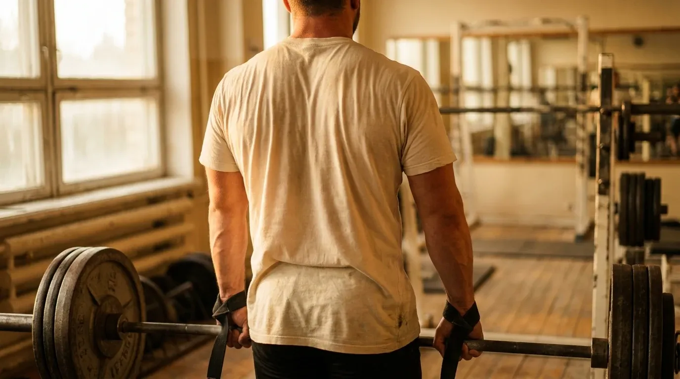A muscular lifter performs a deadlift lockout in a gym lit by warm golden-hour light.