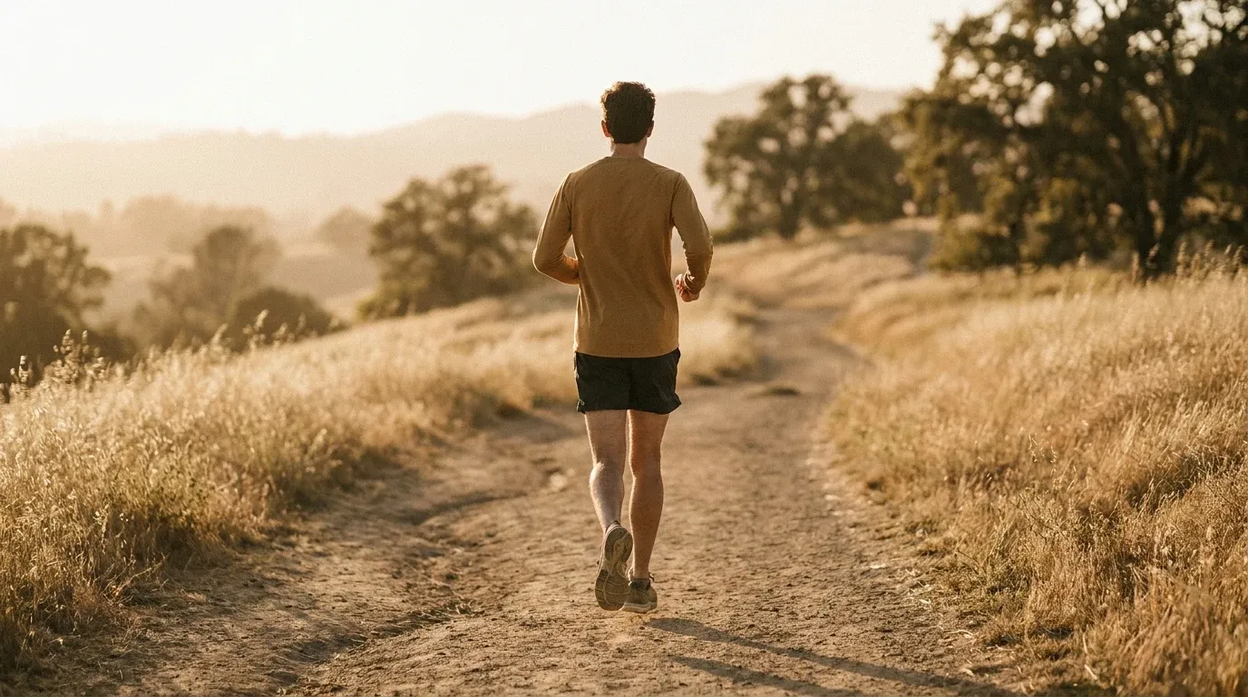 A runner viewed from behind mid-stride on an open trail in golden-hour light, moving forward alone.