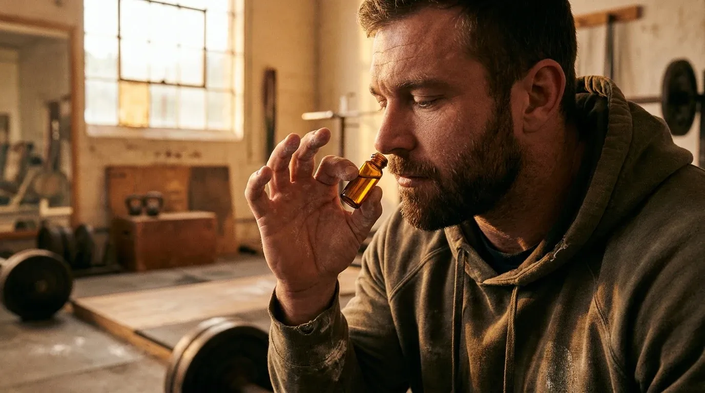 Male lifter inhales from a small dark vial before a workout, focused in golden gym light.