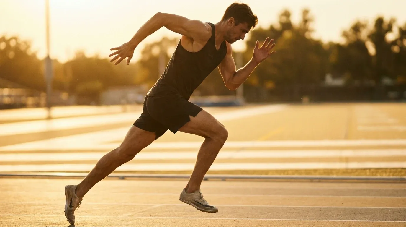 Male sprinter at peak drive phase on track, legs extended, arms pumping, captured in golden side-light.