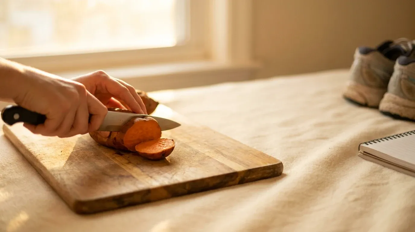 A hand slices a roasted sweet potato on a wooden cutting board with blurred running shoes visible in the background.