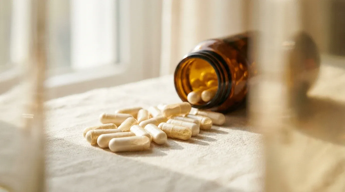 Translucent ivory and gold gel capsules spilling from an amber glass bottle onto cream linen.