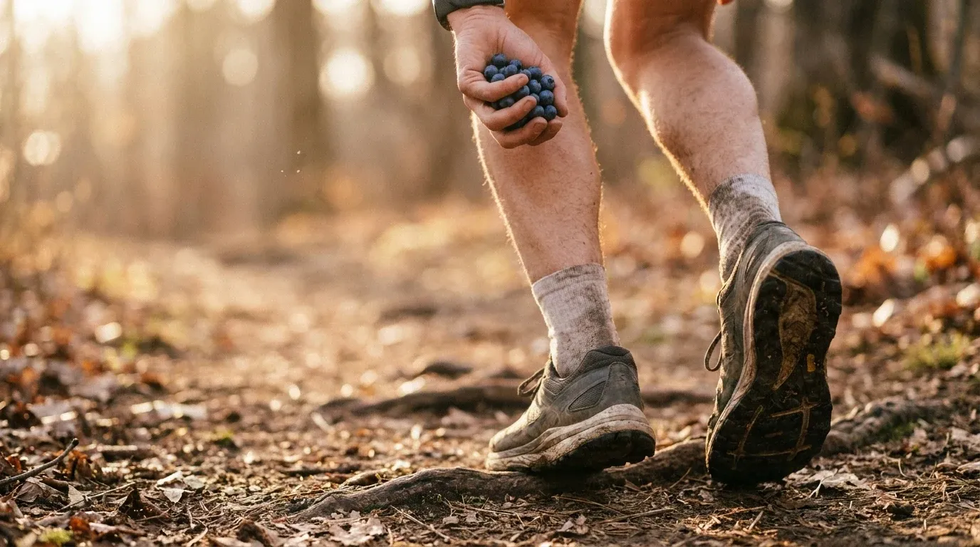 Trail runner's legs mid-stride holding a handful of fresh blueberries at hip level on a sunlit forest path.