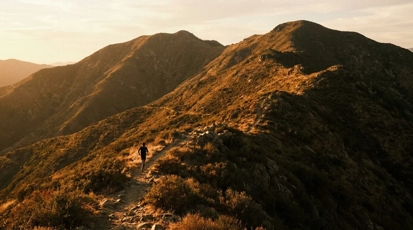 A lone runner climbs a steep mountain trail at golden hour, dwarfed by the vast wilderness landscape.