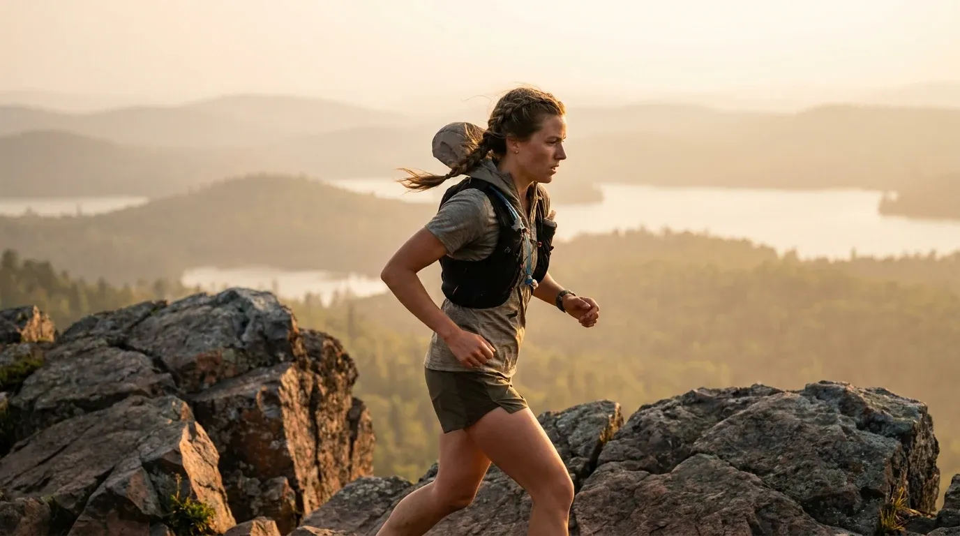 Female trail runner mid-stride on a rocky ridgeline, captured in golden-hour light with wilderness backdrop.
