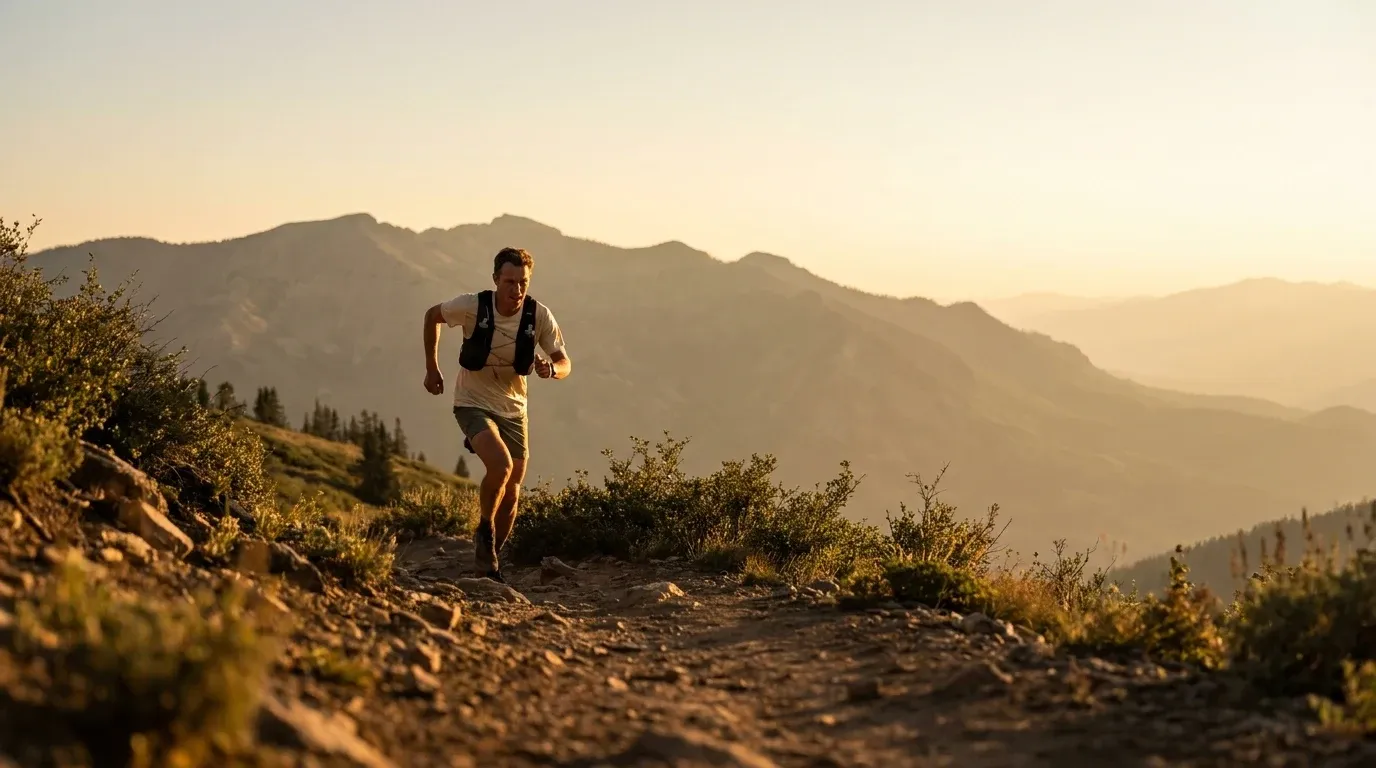 Ultramarathon runner in full stride on a steep rocky alpine trail in the Colorado mountains at golden hour.