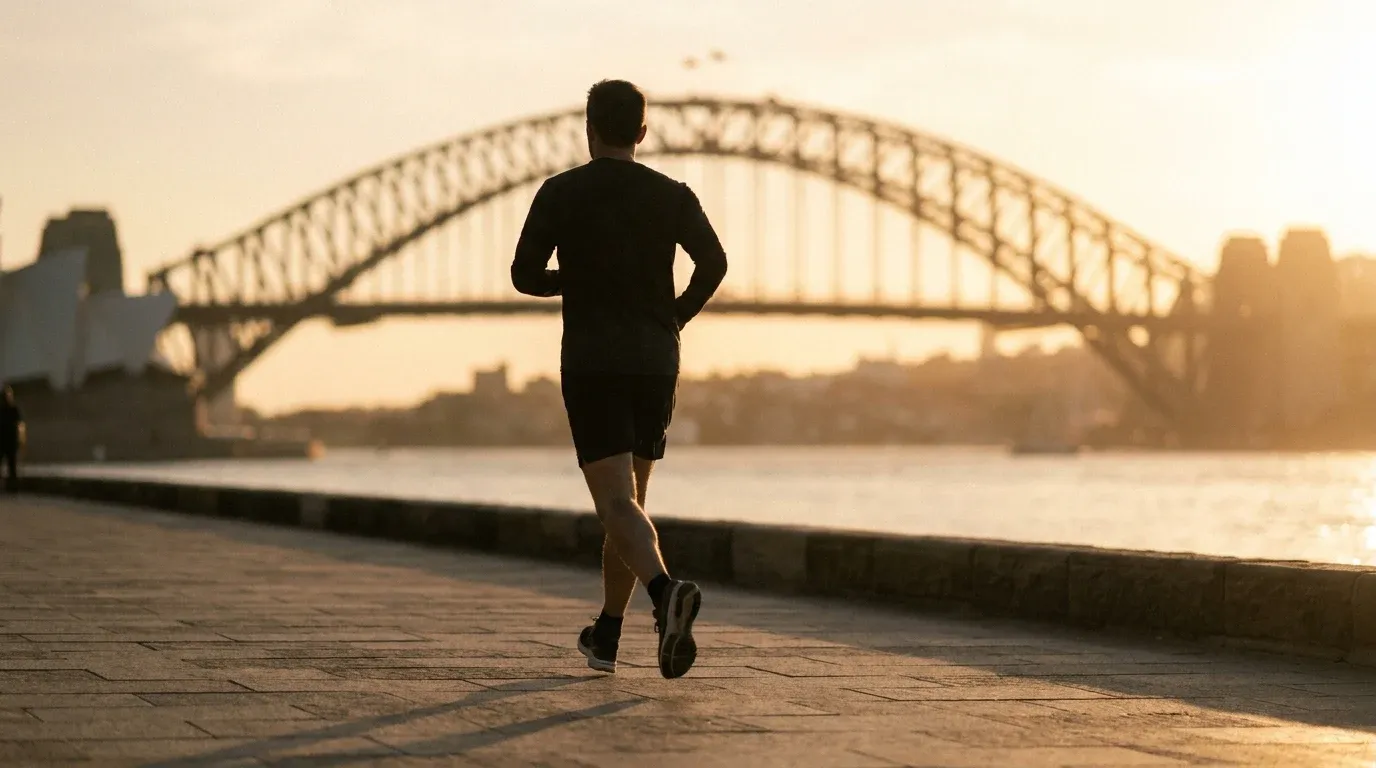 A runner in mid-stride at golden hour with Sydney Harbour Bridge softly blurred in the warm-lit background.