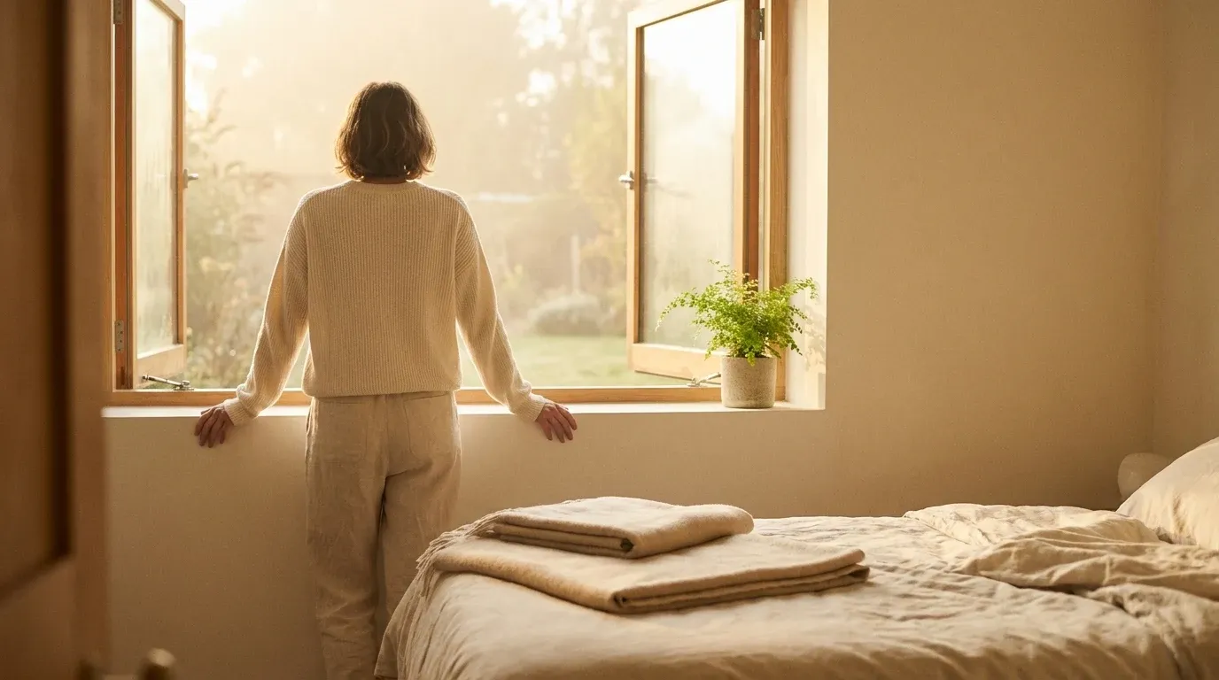 Person standing at a sunny window in a calm, decluttered bedroom, bathed in warm golden morning light.
