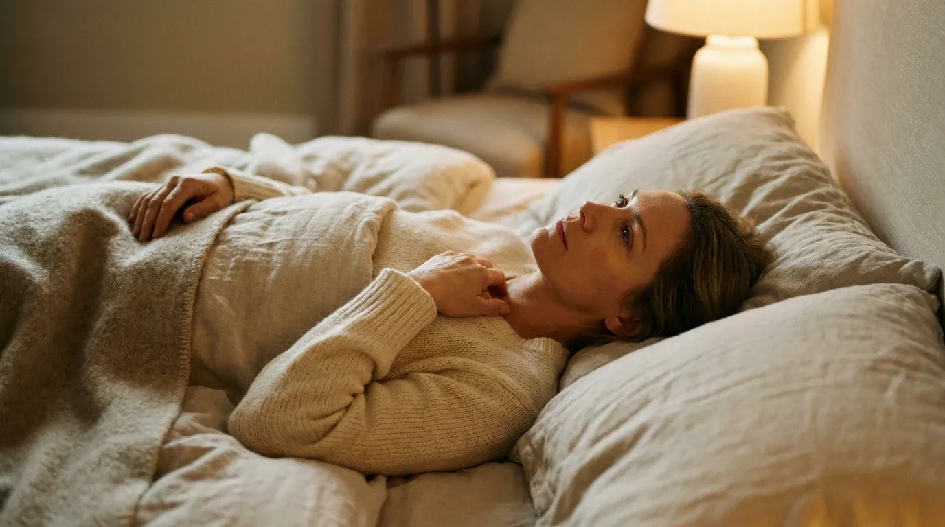 Middle-aged woman lying awake in bed at night, illuminated by soft warm bedside lighting.