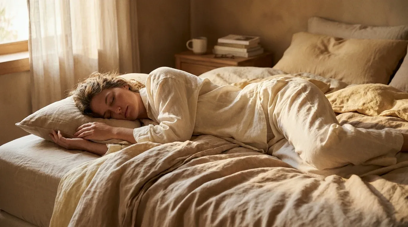 Person sleeping peacefully on their side in warm cream linens, bathed in soft golden light.