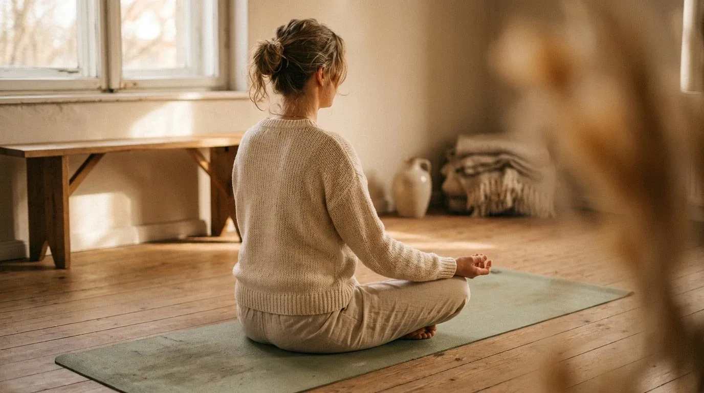 Woman seated cross-legged on a sage-green yoga mat in a calm meditative pose, bathed in soft golden morning light.