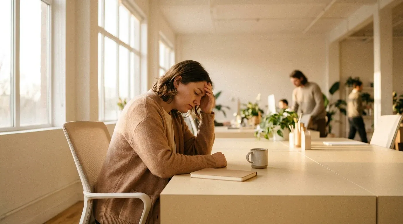 Exhausted HR professional resting her head at a minimalist desk in a bright, airy open-plan office workspace.