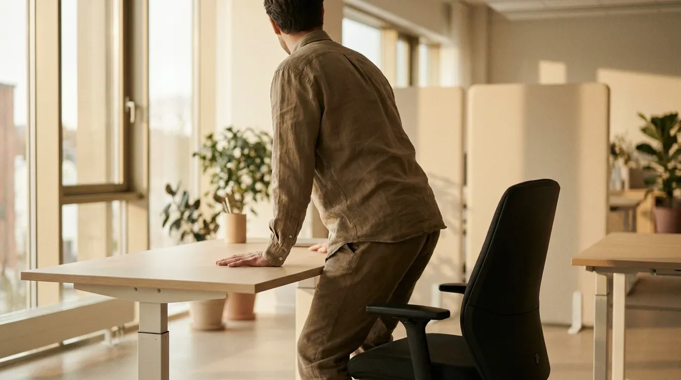 Office worker rising from an adjustable standing desk in a bright, naturally lit open-plan workspace.