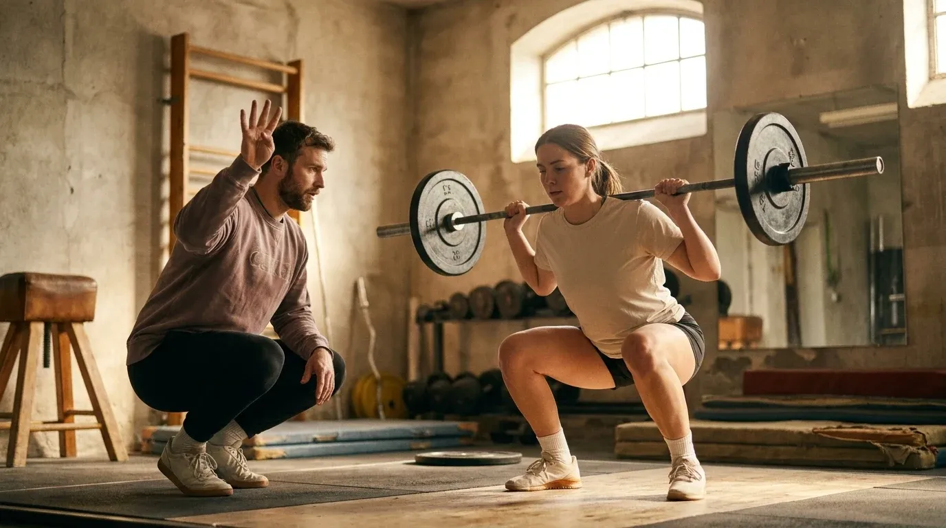 A coach crouched beside a client demonstrates proper lifting tempo by counting beats during a slow barbell squat descent.