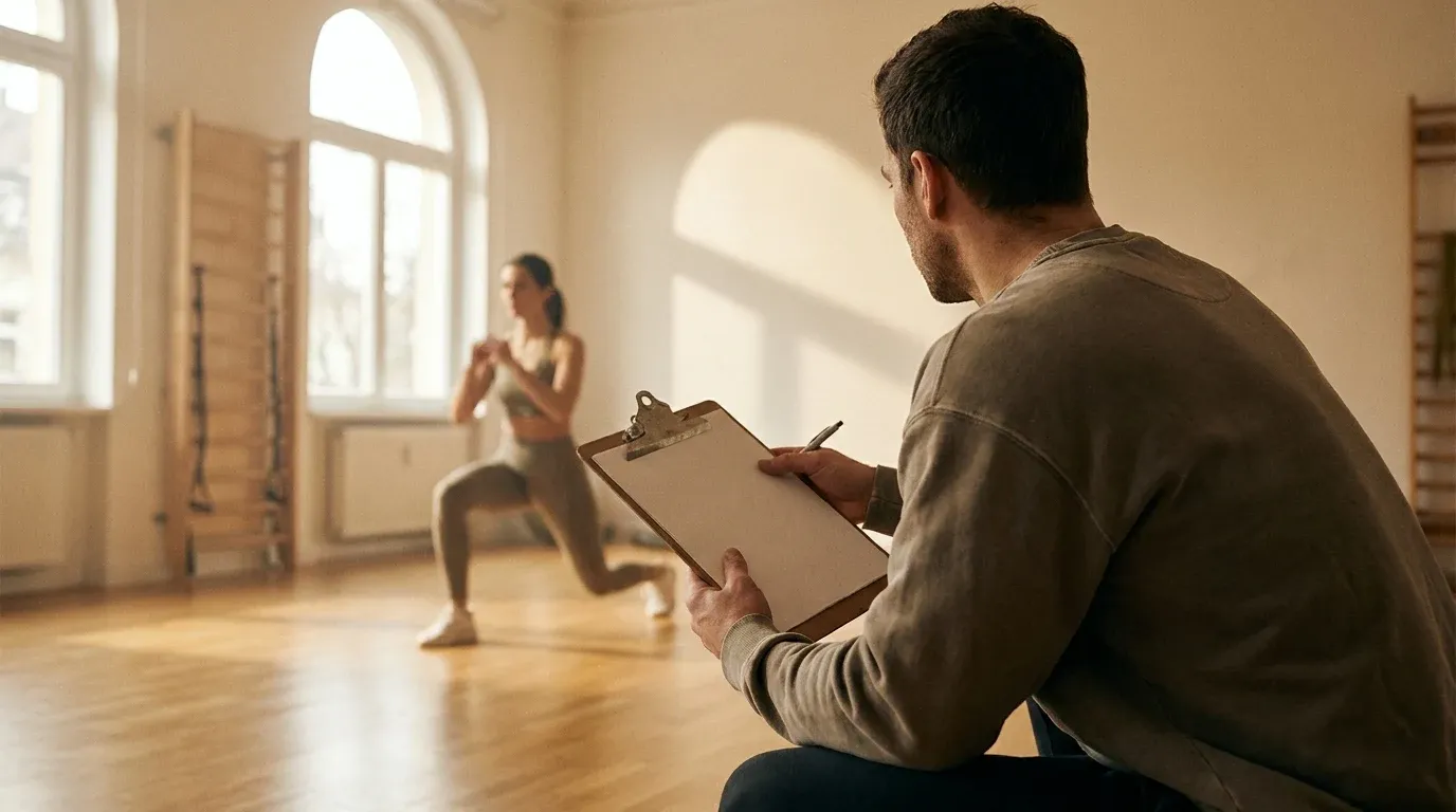 A personal trainer takes notes while observing a client performing an exercise in the gym.
