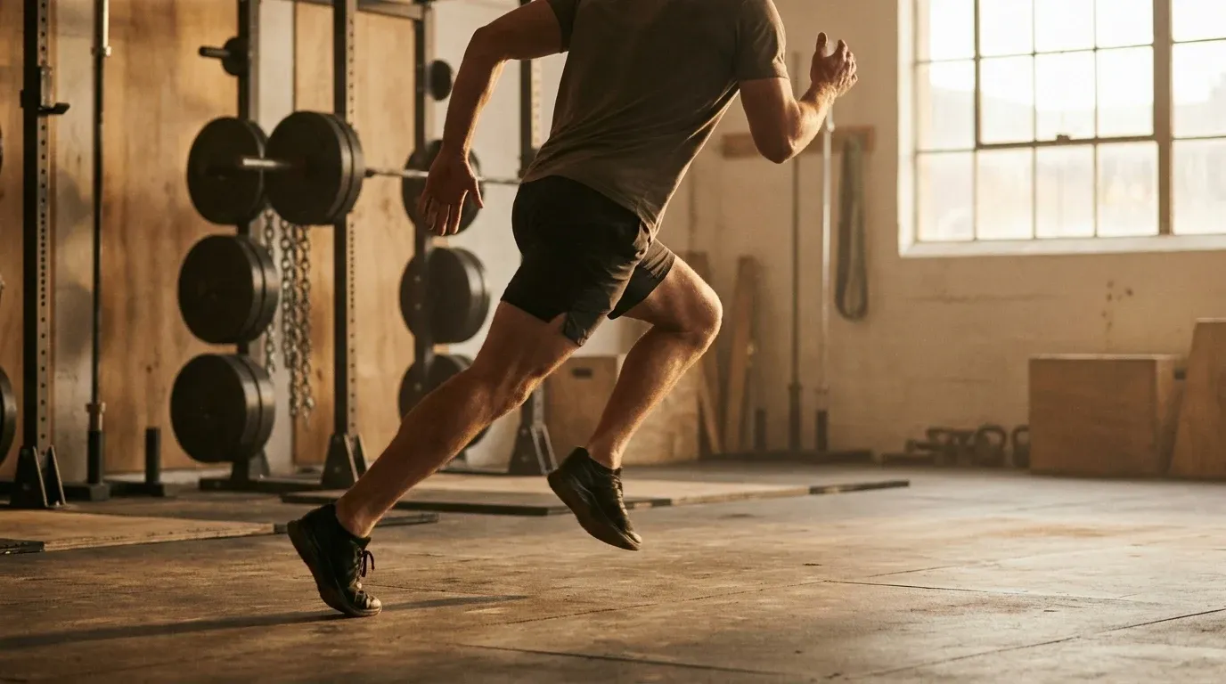 Male athlete sprinting explosively in a gym with barbell weights blurred in background.