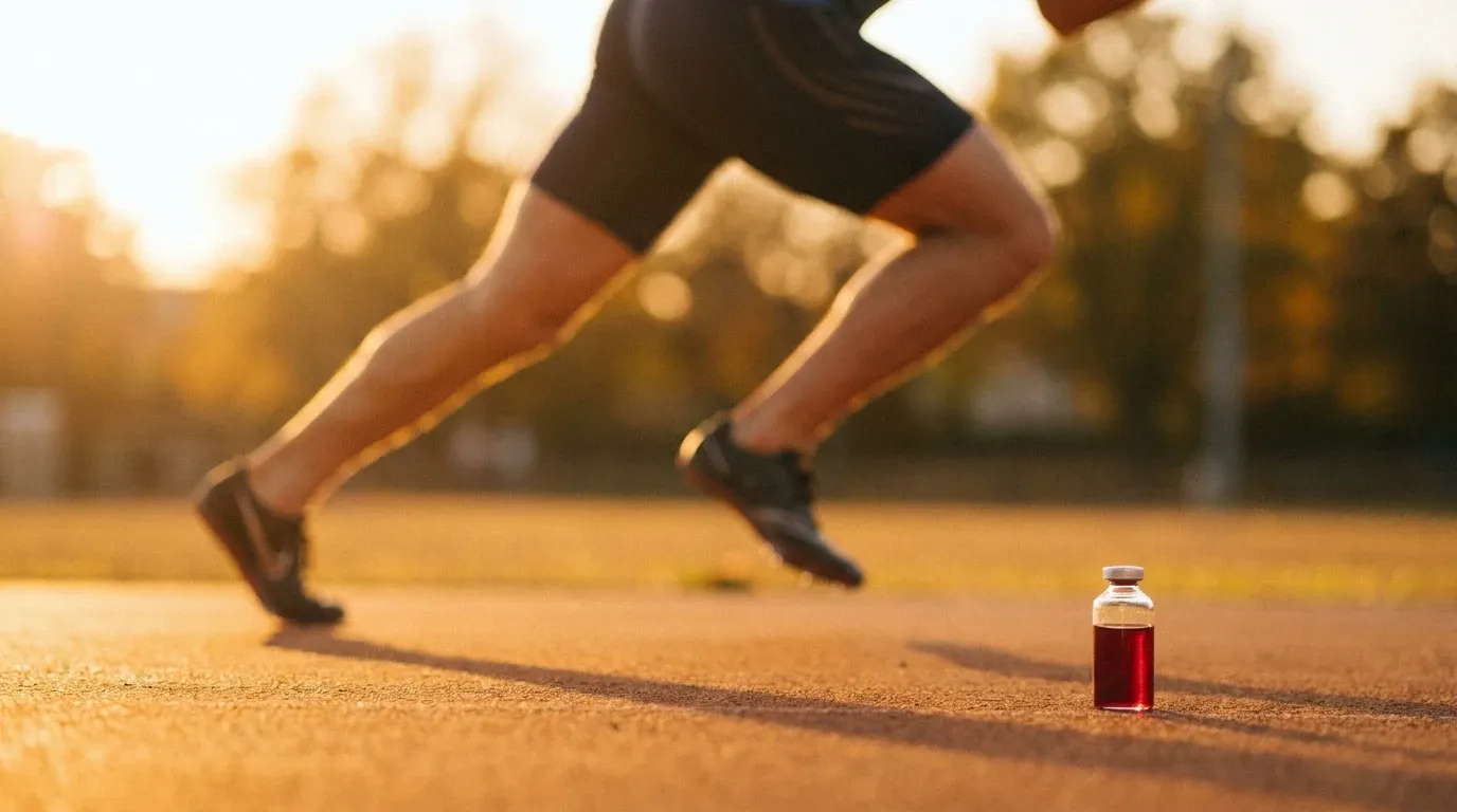 A sprinter mid-stride on a track with a blood vial in sharp focus in the foreground under golden light.