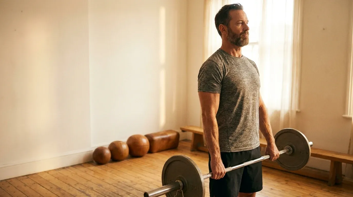 Middle-aged man lifting a barbell in a sunlit home gym, bathed in warm golden light.
