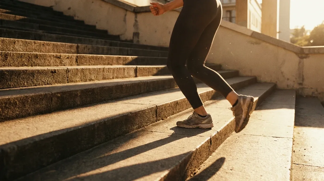 Woman vigorously climbing concrete stairs with motion blur, captured in warm golden late-afternoon sunlight.